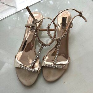 Crystal-encrusted t-strap wedge sandals, Badgley Mischka champagne gold wedding